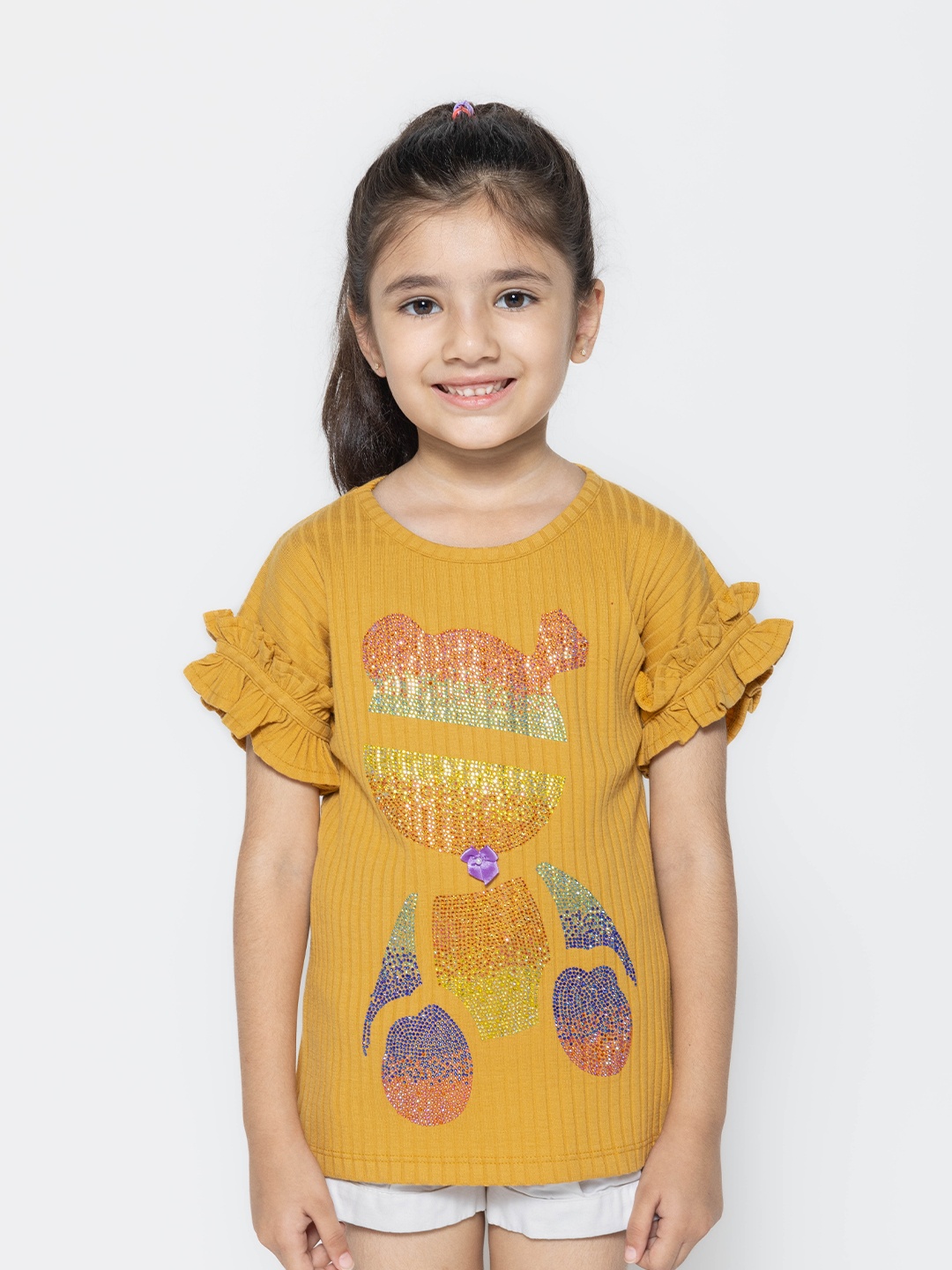 

PAMPOLINA Kids Girls Embellished Printed Flutter Sleeve Top, Mustard