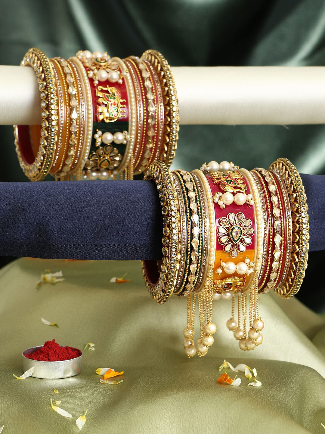 

Adwitiya Collection Set Of 30 Gold Plated Stones Studded & Beaded With Hangings Bangles