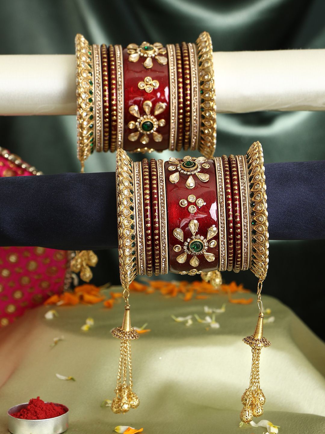 

Adwitiya Collection Set Of 22 Gold-Plated Stone-Studded Bangles With Hangings, Red