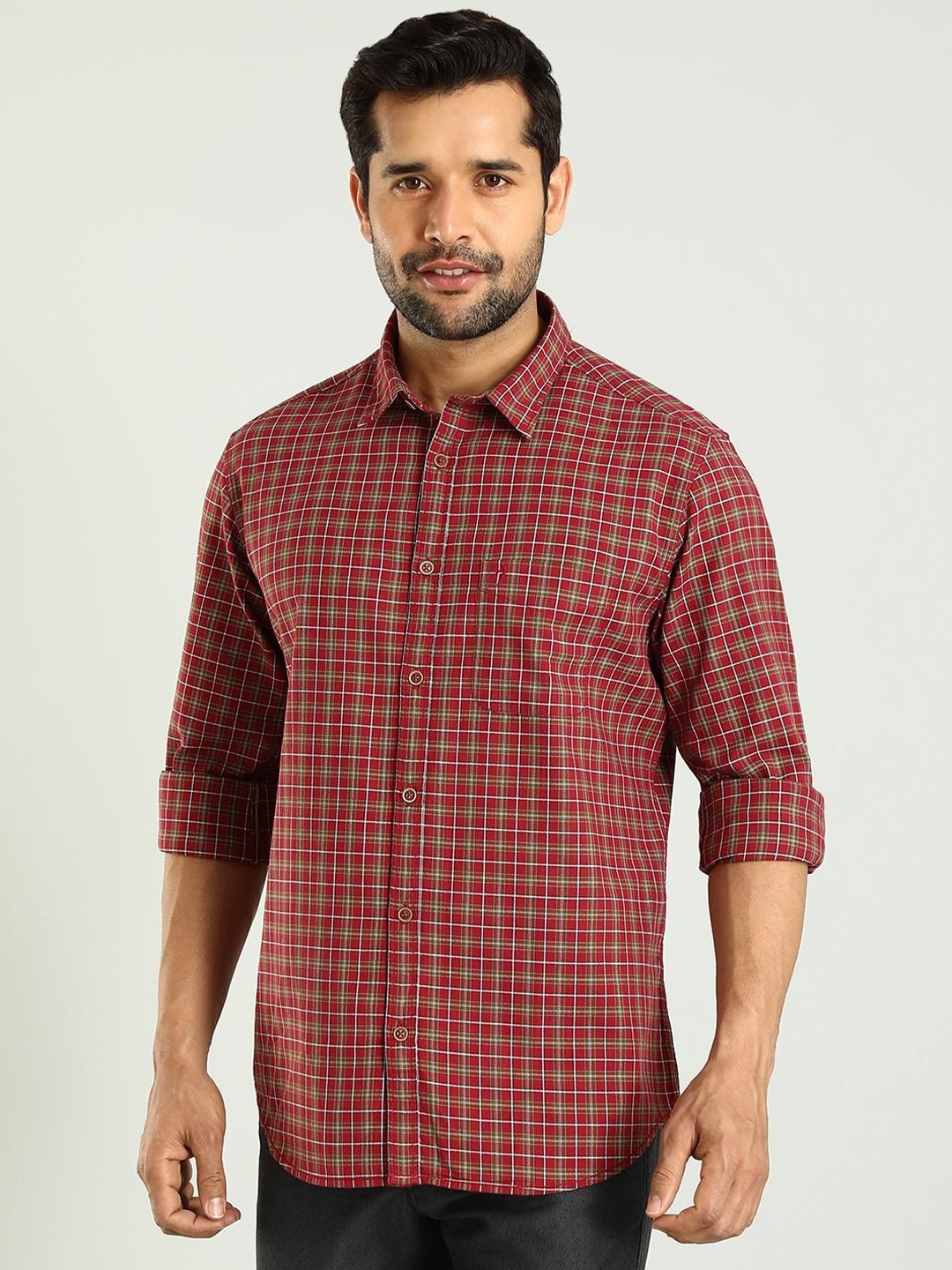 

Indian Terrain Classic Slim Fit Checked Spread Collar Cotton Shirt, Red