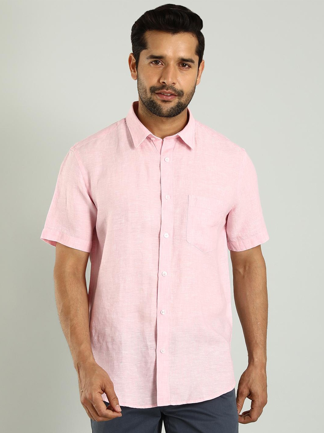 

Indian Terrain Classic Spread Collar Slim Fit Linen Casual Shirt, Pink