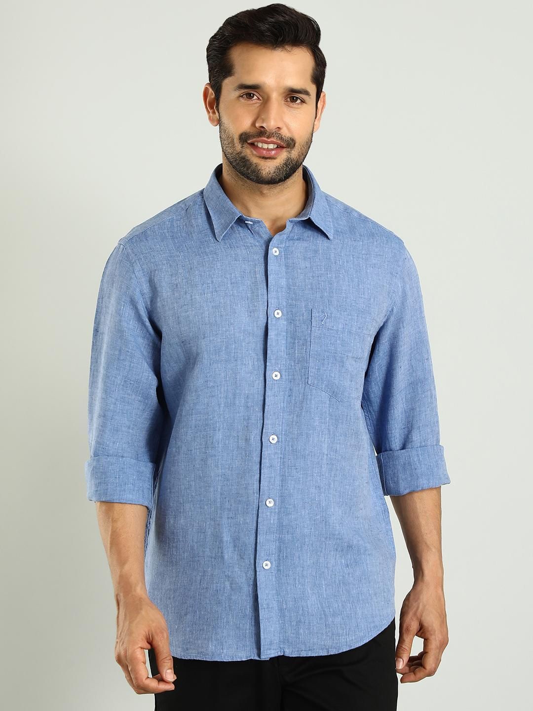 

Indian Terrain Classic Spread Collar Slim Fit Linen Casual Shirt, Blue