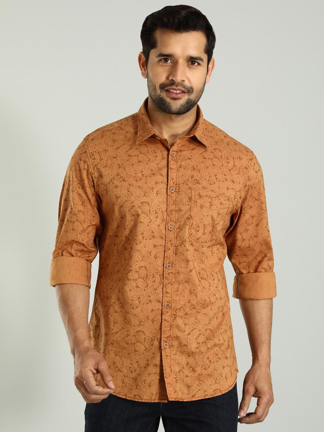 

Indian Terrain Spread Collar Long Sleeves Chiseled Skinny Fit Floral Printed Casual Shirt, Orange
