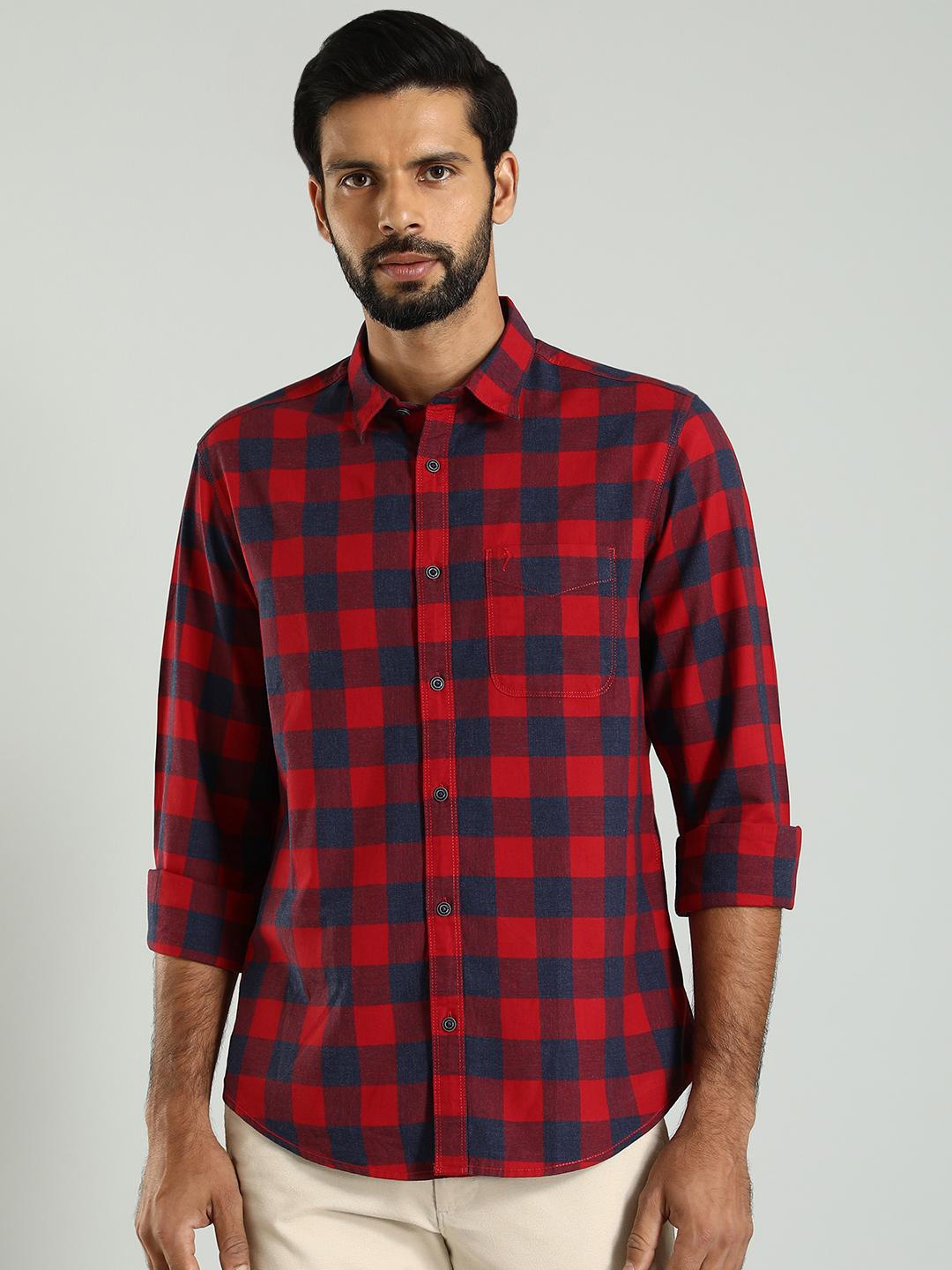 

Indian Terrain Classic Slim Fit Buffalo Checked Spread Collar Cotton Shirt, Red