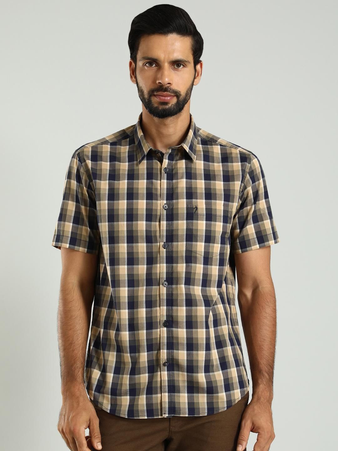 

Indian Terrain Slim Fit Tartan Checked Spread Collar Short Sleeves Cotton Casual Shirt, Blue