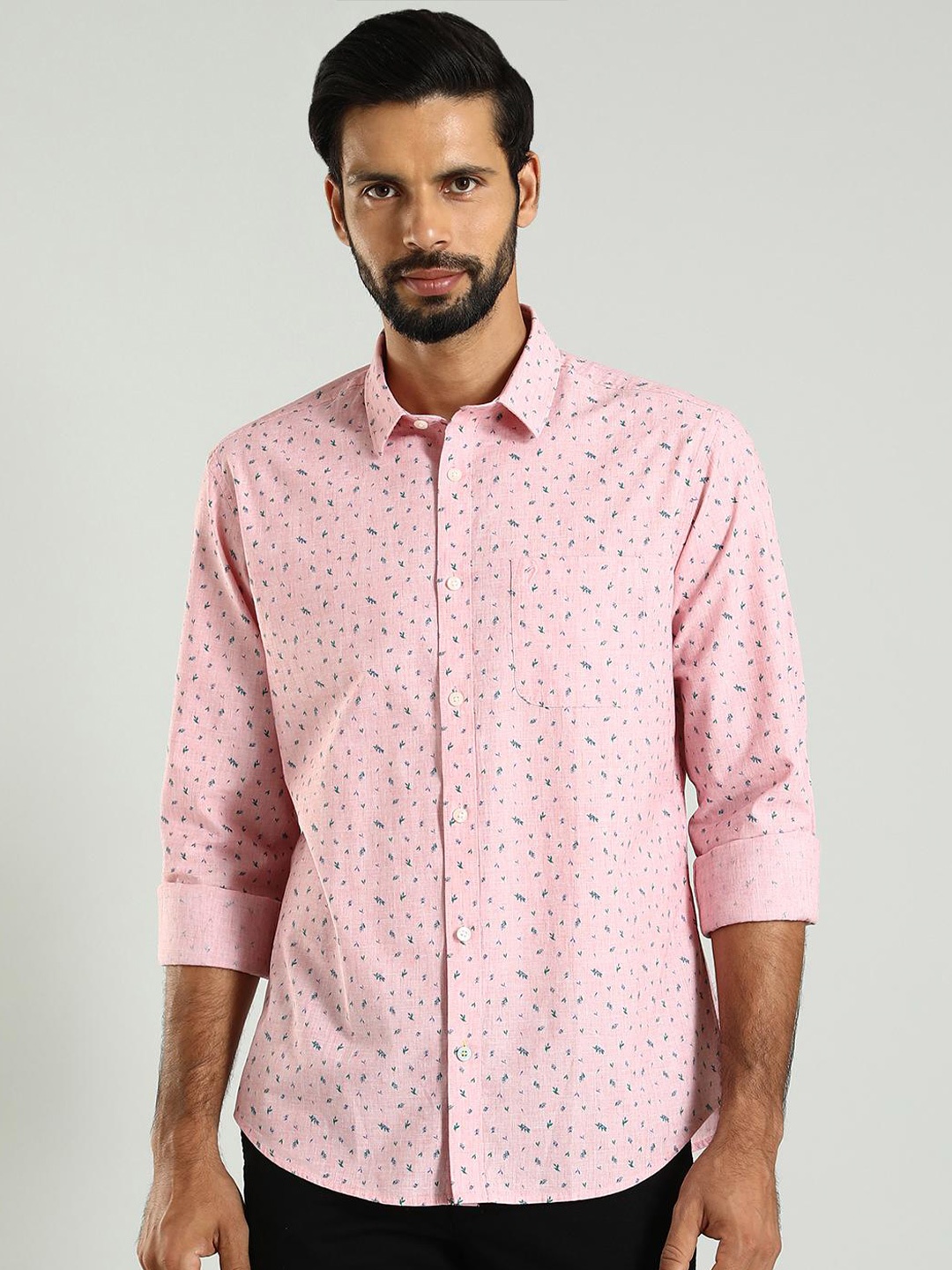 

Indian Terrain Men Classic Slim Fit Floral Opaque Printed fomal Shirt, Pink
