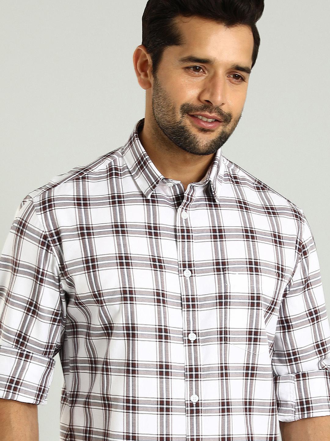 

Indian Terrain Classic Slim Fit Tartan Checked Spread Collar Cotton Shirt, Brown
