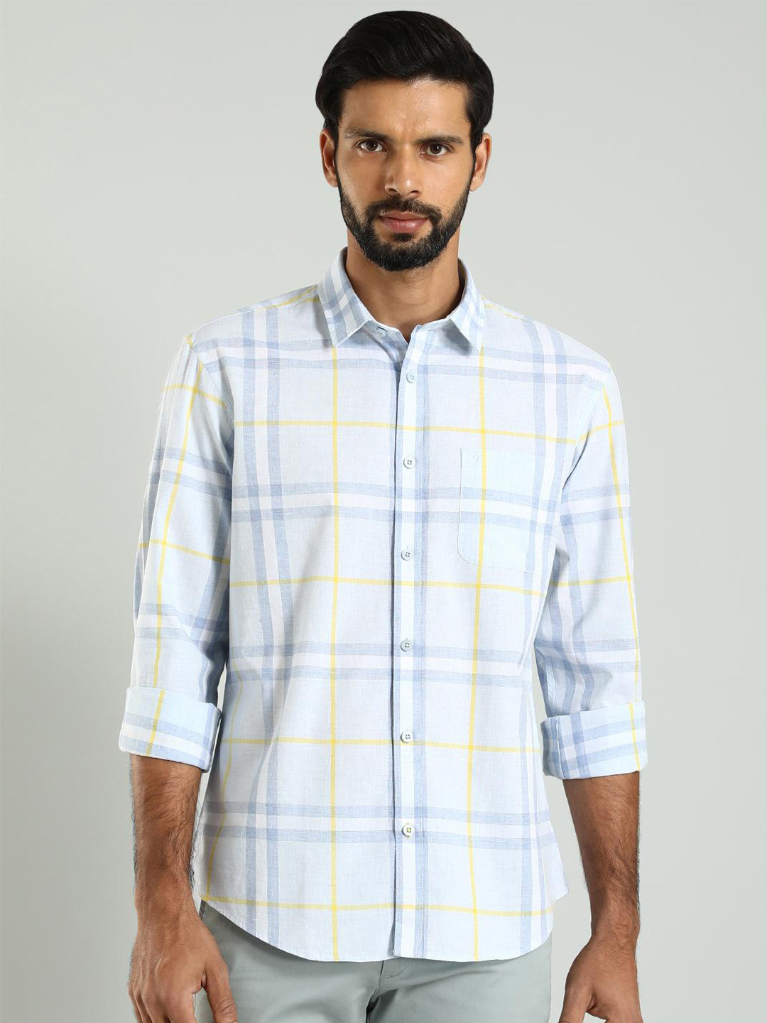 

Indian Terrain Classic Spread Collar Slim Fit Windowpane Checks Cotton Casual Shirt, Blue