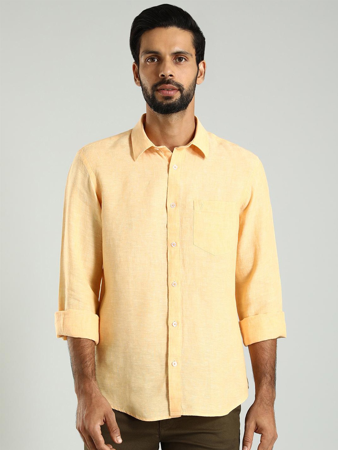 

Indian Terrain Spread Collar Long Sleeves Classic Slim Fit Linen Casual Shirt, Yellow