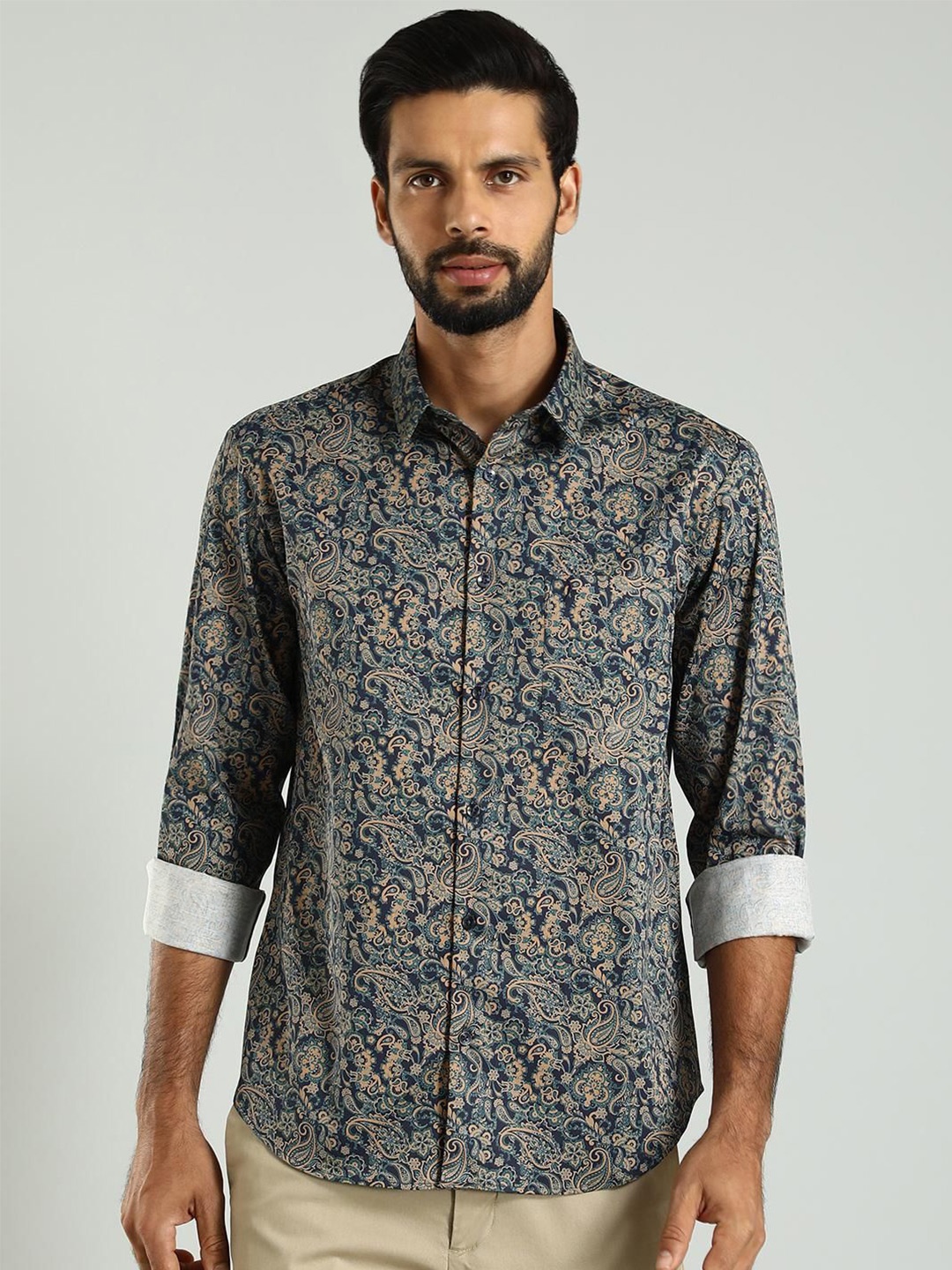 

Indian Terrain Slim Fit Floral Printed Spread Collar Long Sleeves Cotton Casual Shirt, Blue