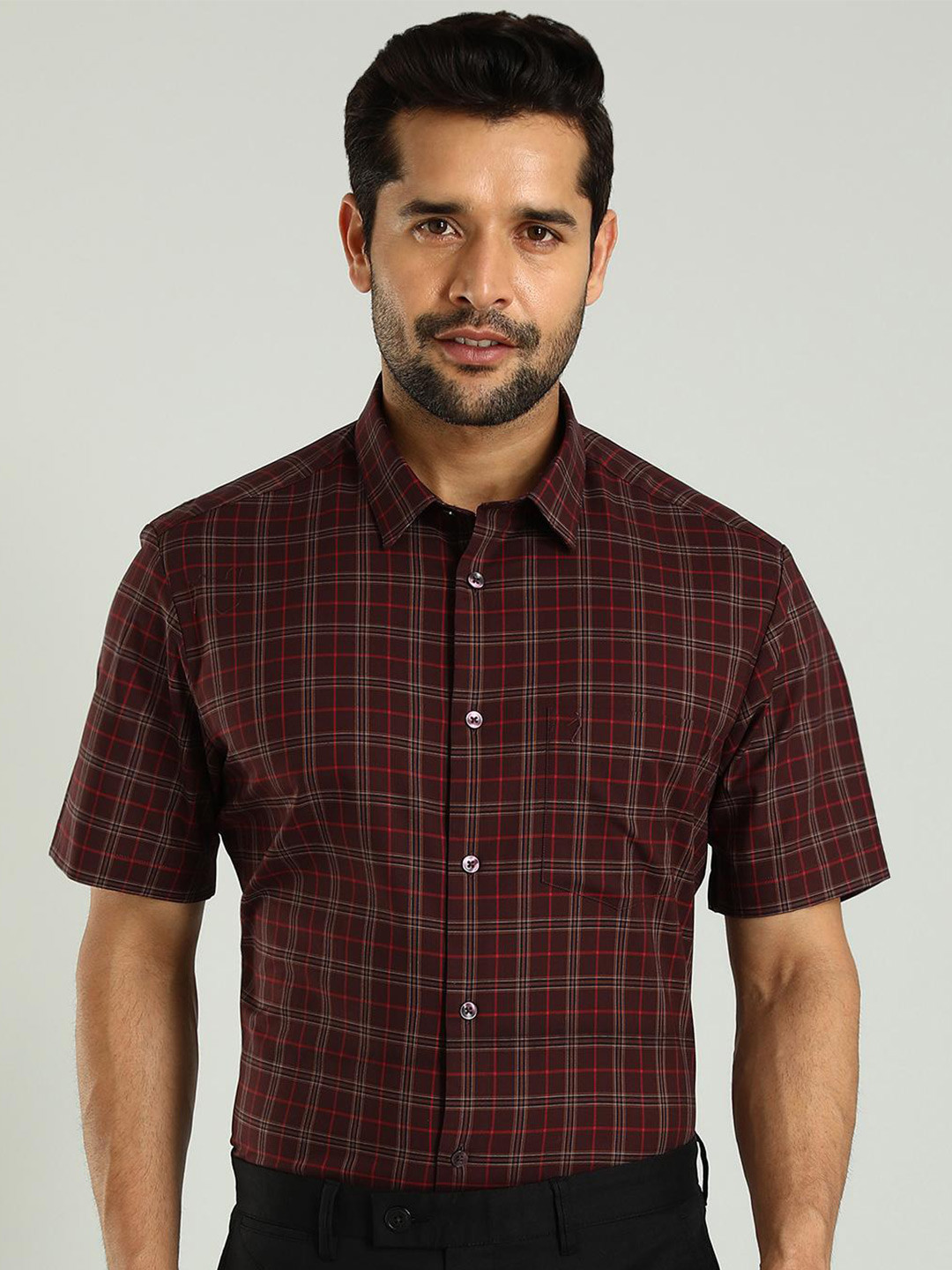 

Indian Terrain Classic Slim Fit Tartan Checks Pure Cotton Formal Shirt, Red