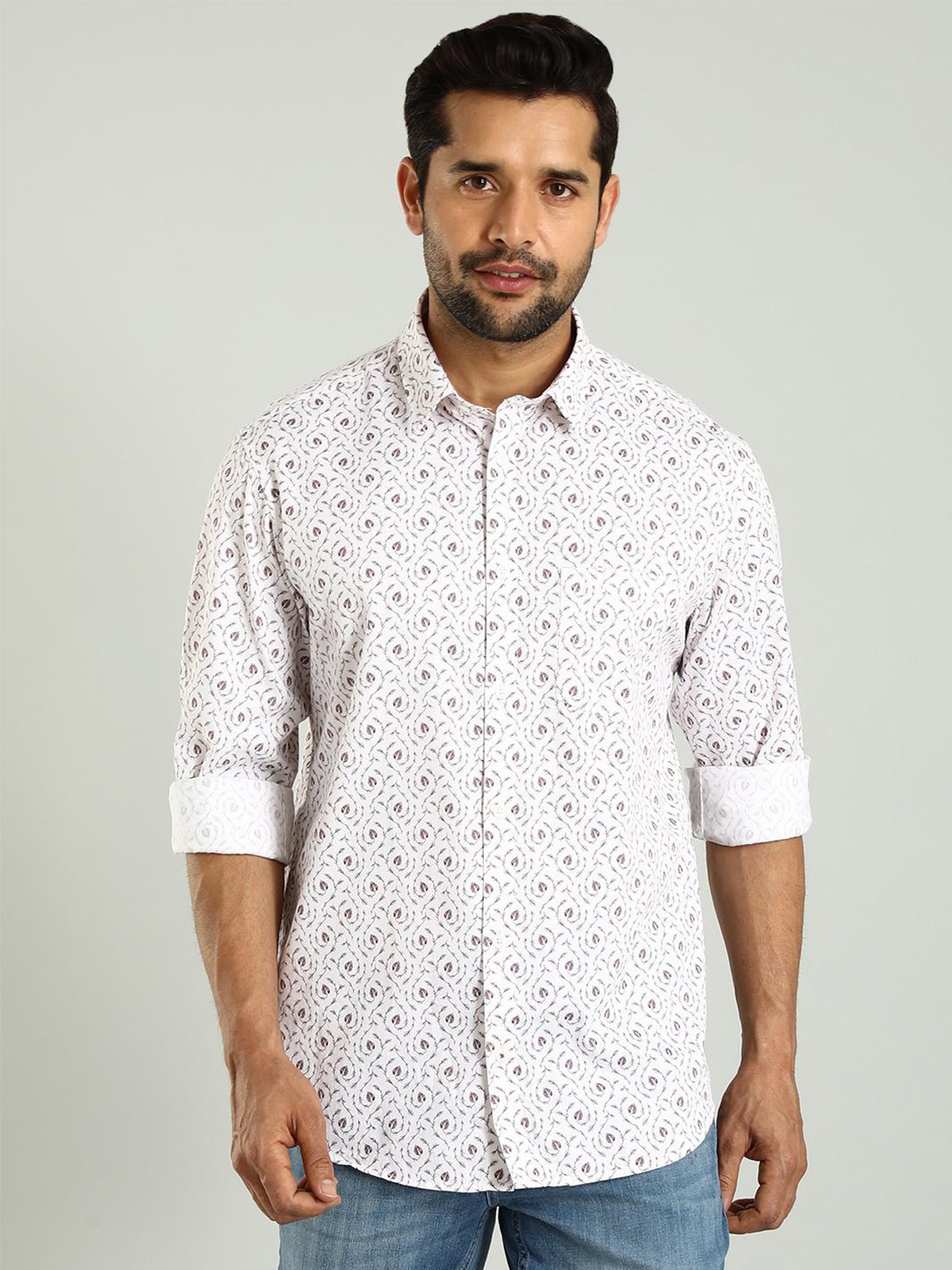 

Indian Terrain Classic Slim Fit Floral Printed Spread Collar Cotton Shirt, White