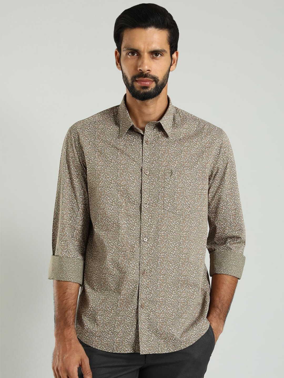 

Indian Terrain Classic Spread Collar Slim Fit Floral Printed Cotton Casual Shirt, Green