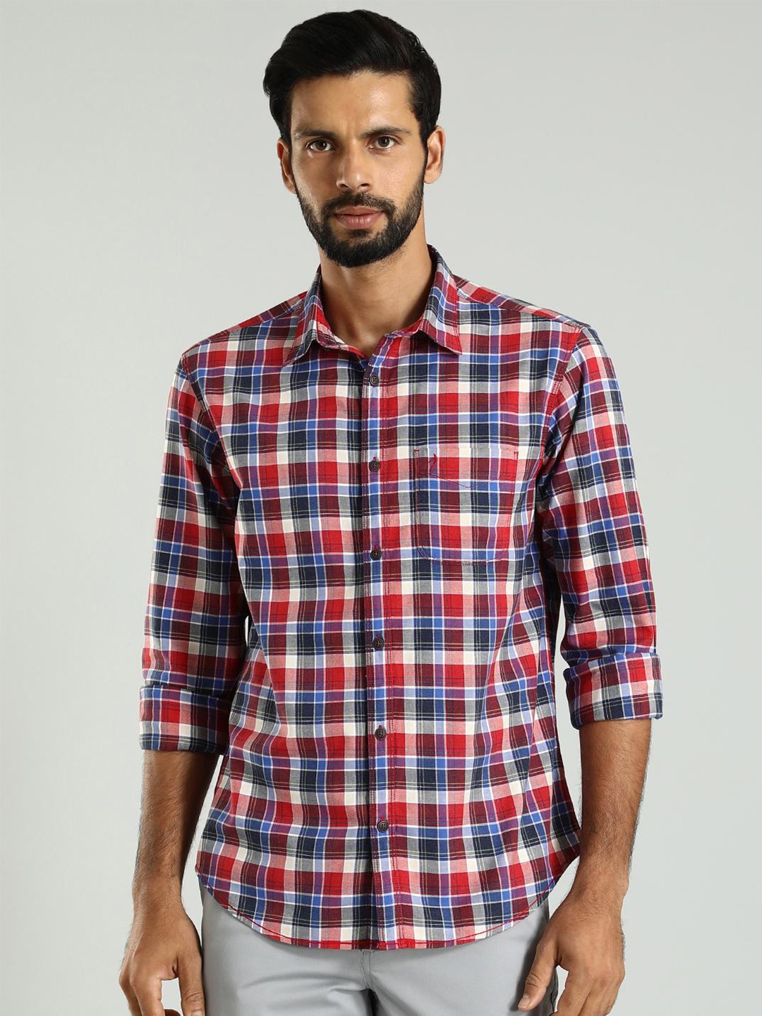 

Indian Terrain Classic Slim Fit Tartan Checked Spread Collar Cotton Shirt, Red