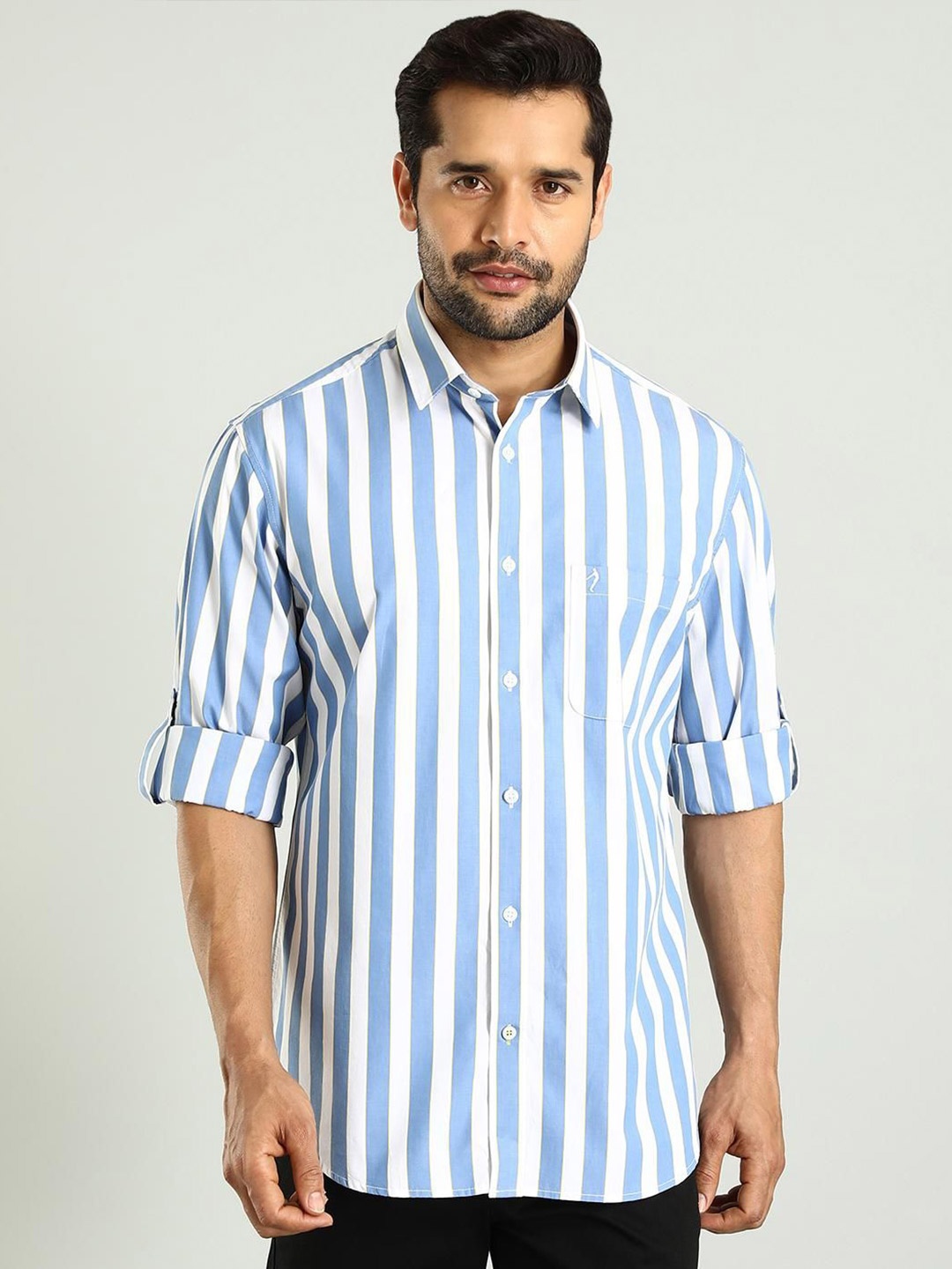 

Indian Terrain Classic Spread Collar Slim Fit Striped Cotton Casual Shirt, Blue