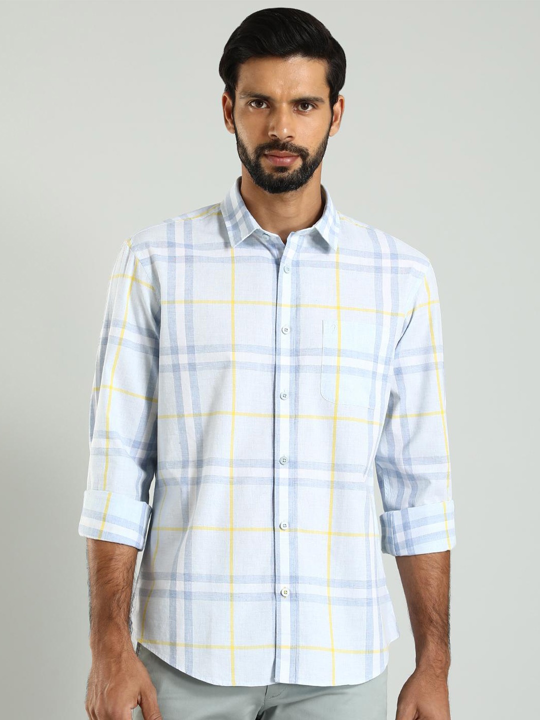 

Indian Terrain Men Classic Slim Fit Windowpane Checks Opaque Checked Casual Shirt, Blue
