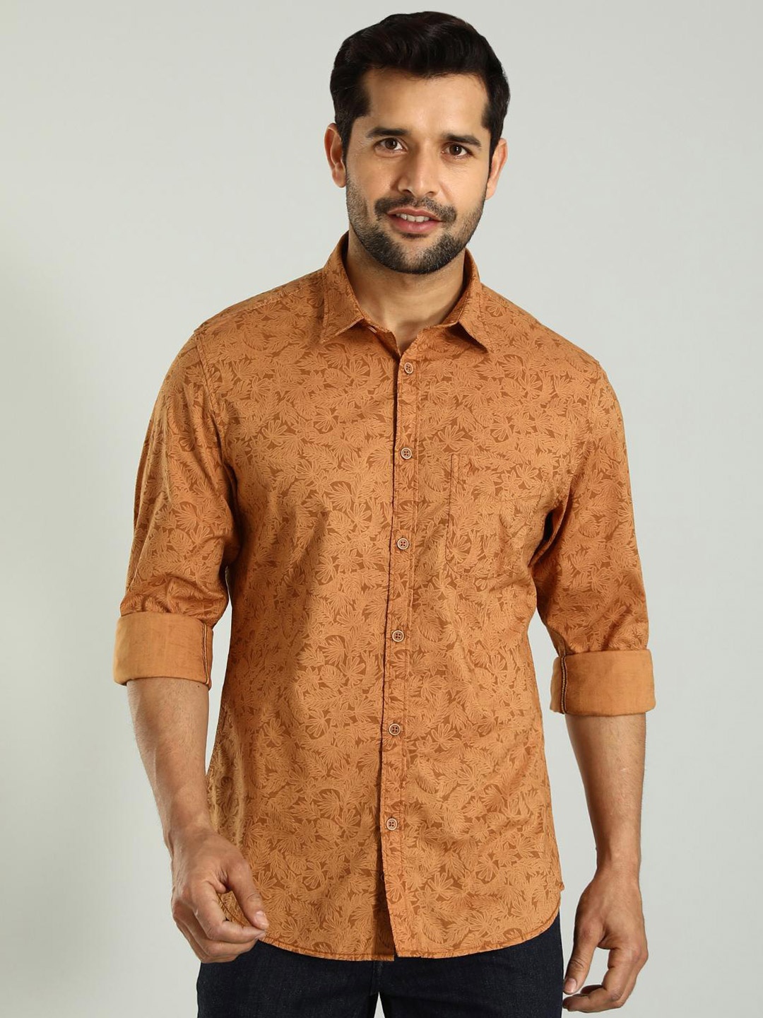 

Indian Terrain Chiseled Spread Collar Skinny Fit Printed Cotton Casual Shirt, Orange