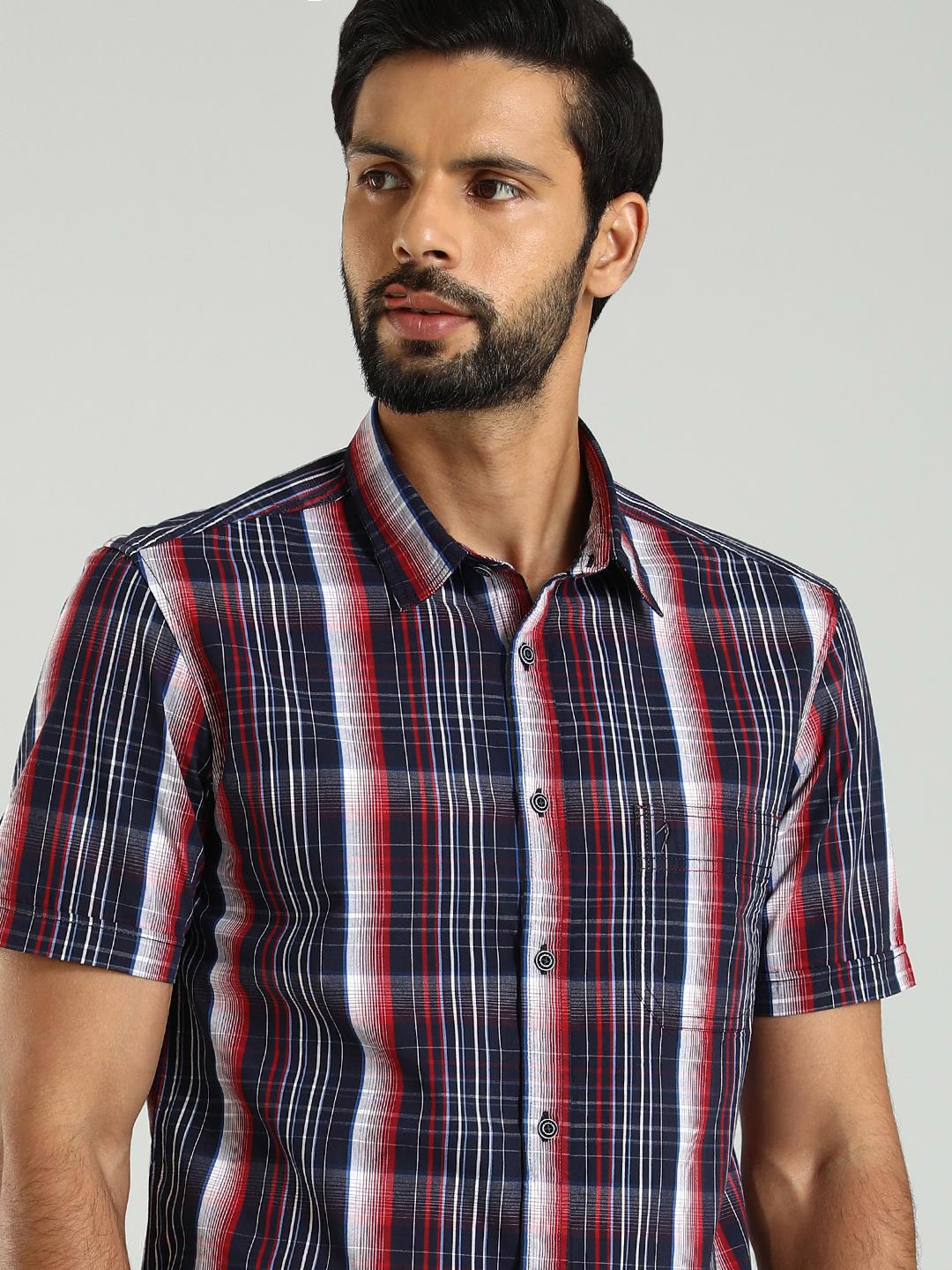 

Indian Terrain Slim Fit Tartan Checked Spread Collar Short Sleeves Cotton Casual Shirt, Blue