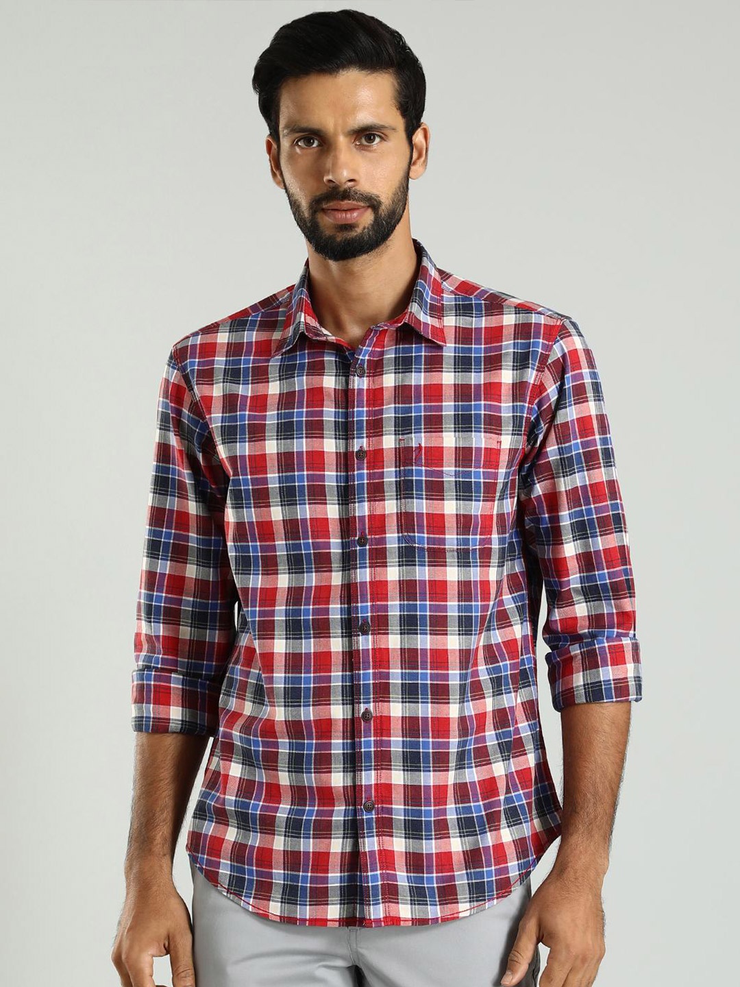 

Indian Terrain Spread Collar Long Sleeves Cotton Classic Slim Fit Checked Casual Shirt, Red