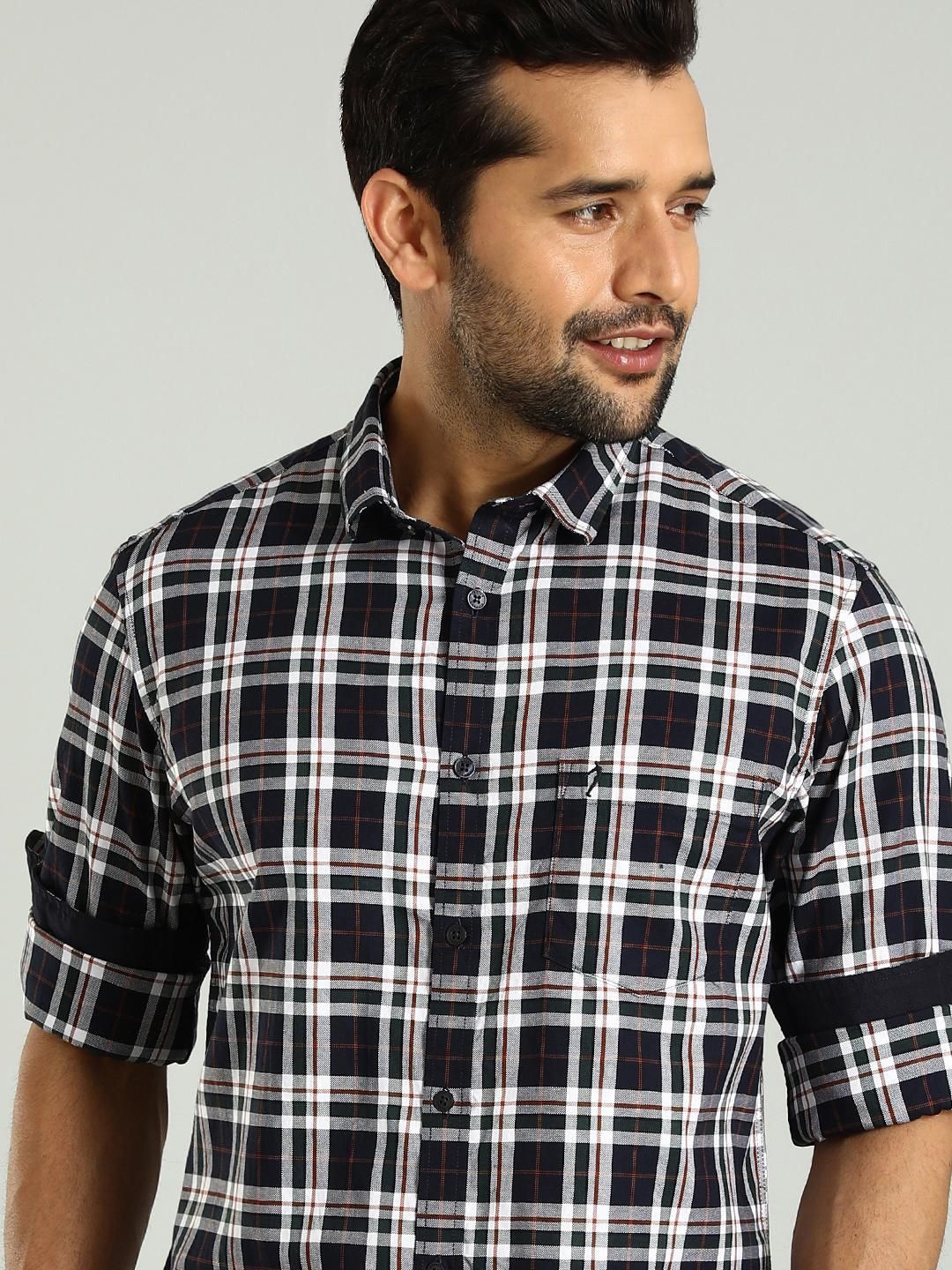 

Indian Terrain Spread Collar Long Sleeves Classic Slim Fit Cotton Checked Casual Shirt, Blue
