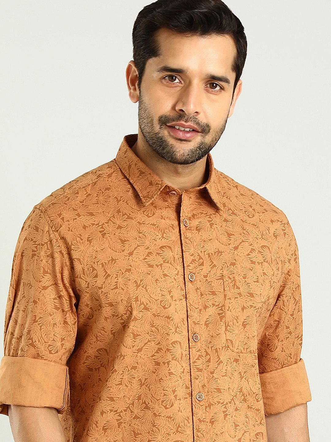 

Indian Terrain Classic Spread Collar Slim Fit Floral Printed Cotton Casual Shirt, Orange