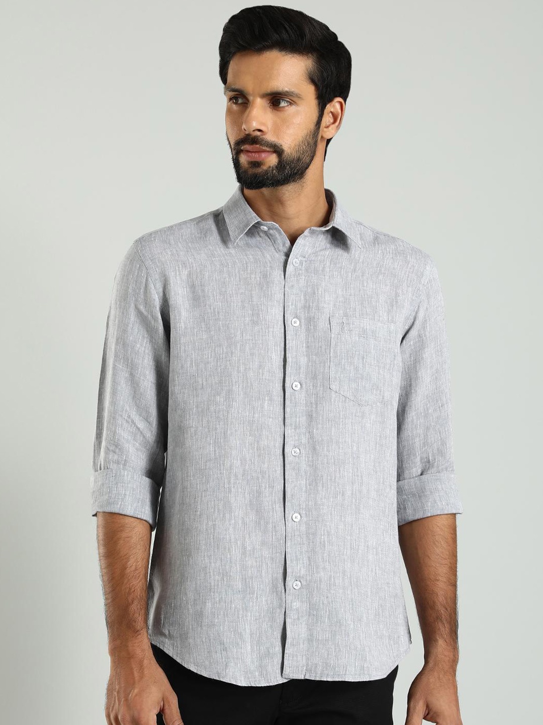 

Indian Terrain Slim Fit Spread Collar Long Sleeves Linen Casual Shirt, Black