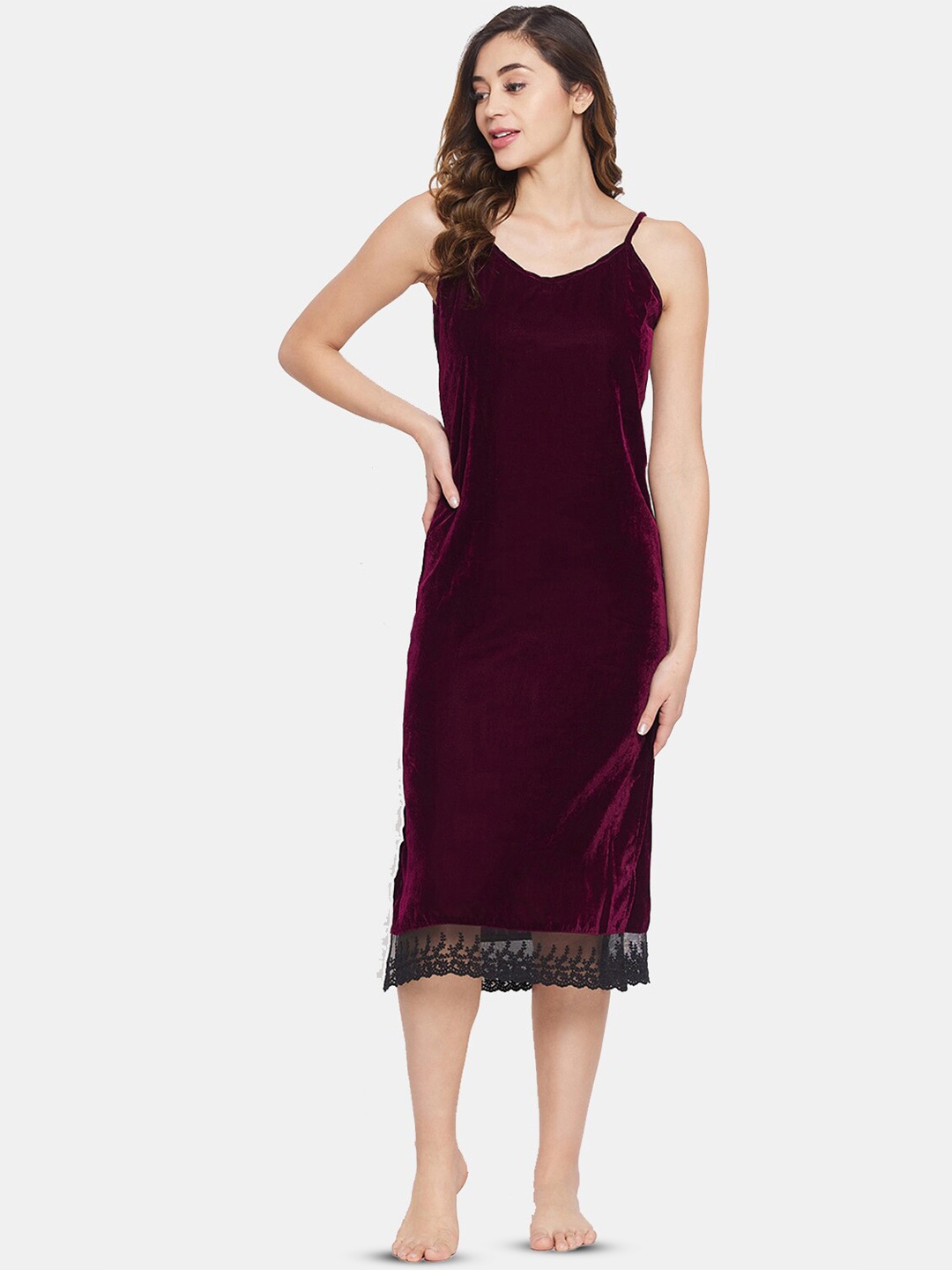 

The Kaftan Company Solid Shoulder Straps Nightdress, Purple