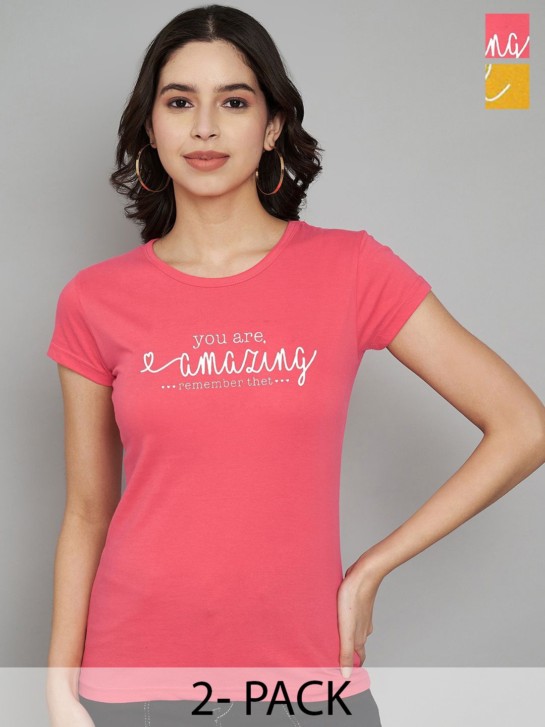 

Trend Level Women Set Of 2 Typography Printed Round Neck T-shirts, Coral