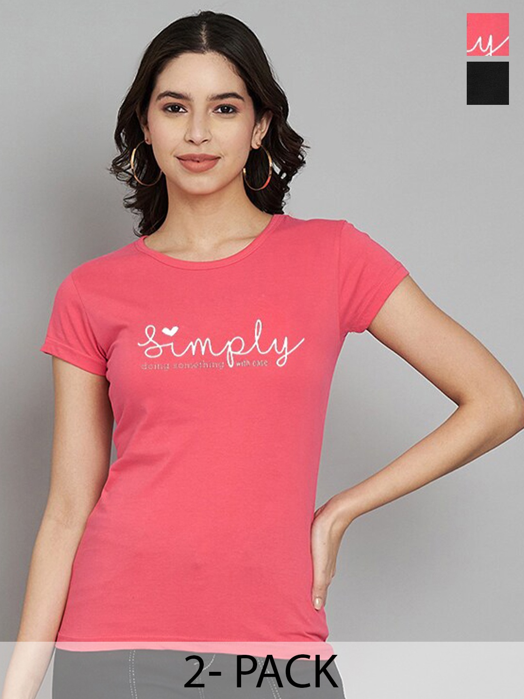 

Trend Level Women Set Of 2 Typography Printed Round Neck T-shirts, Black