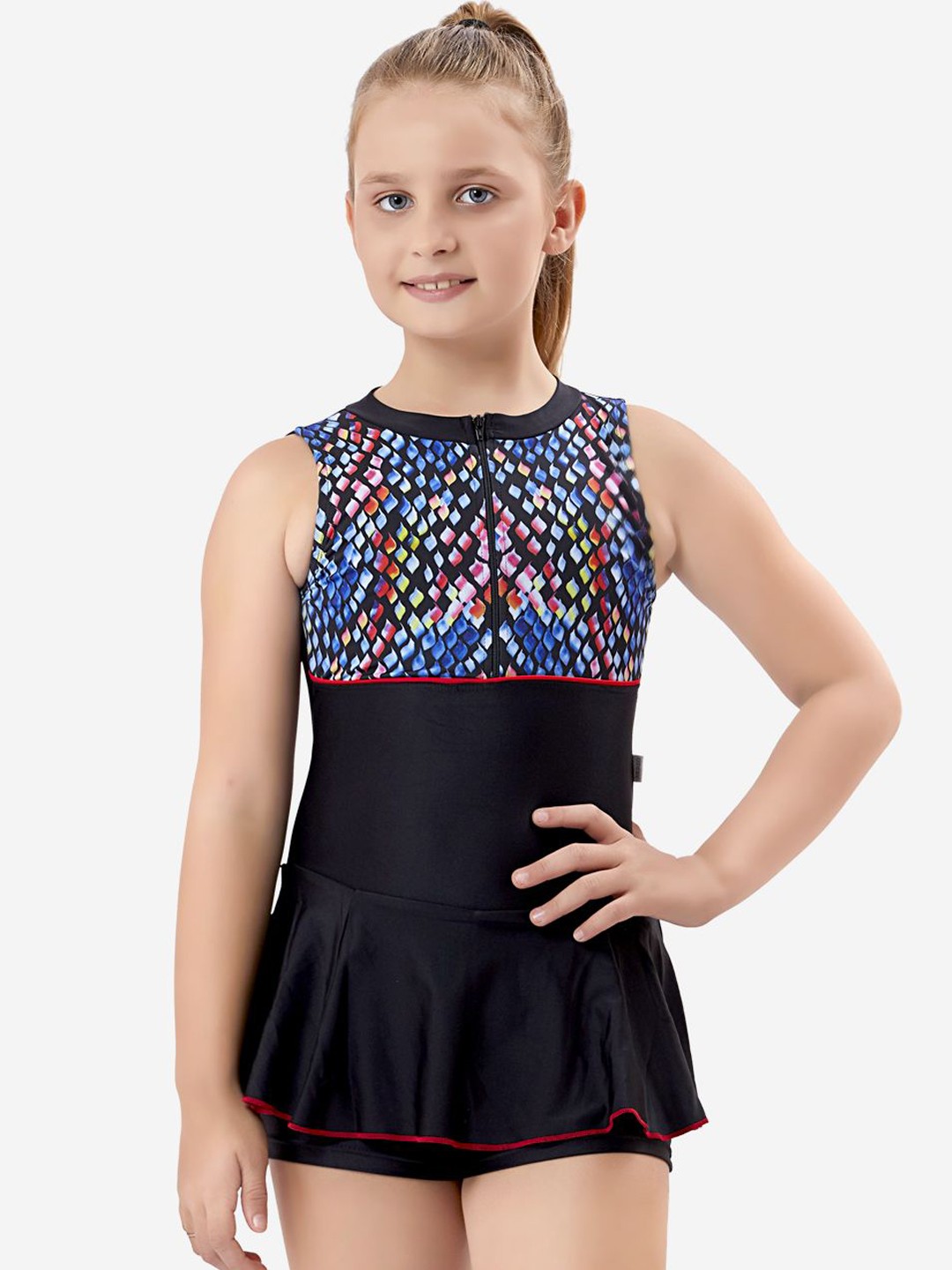 

VELOZ Girls Abstract Printed Quick Drying Anti-Chafing Swim Dress, Black