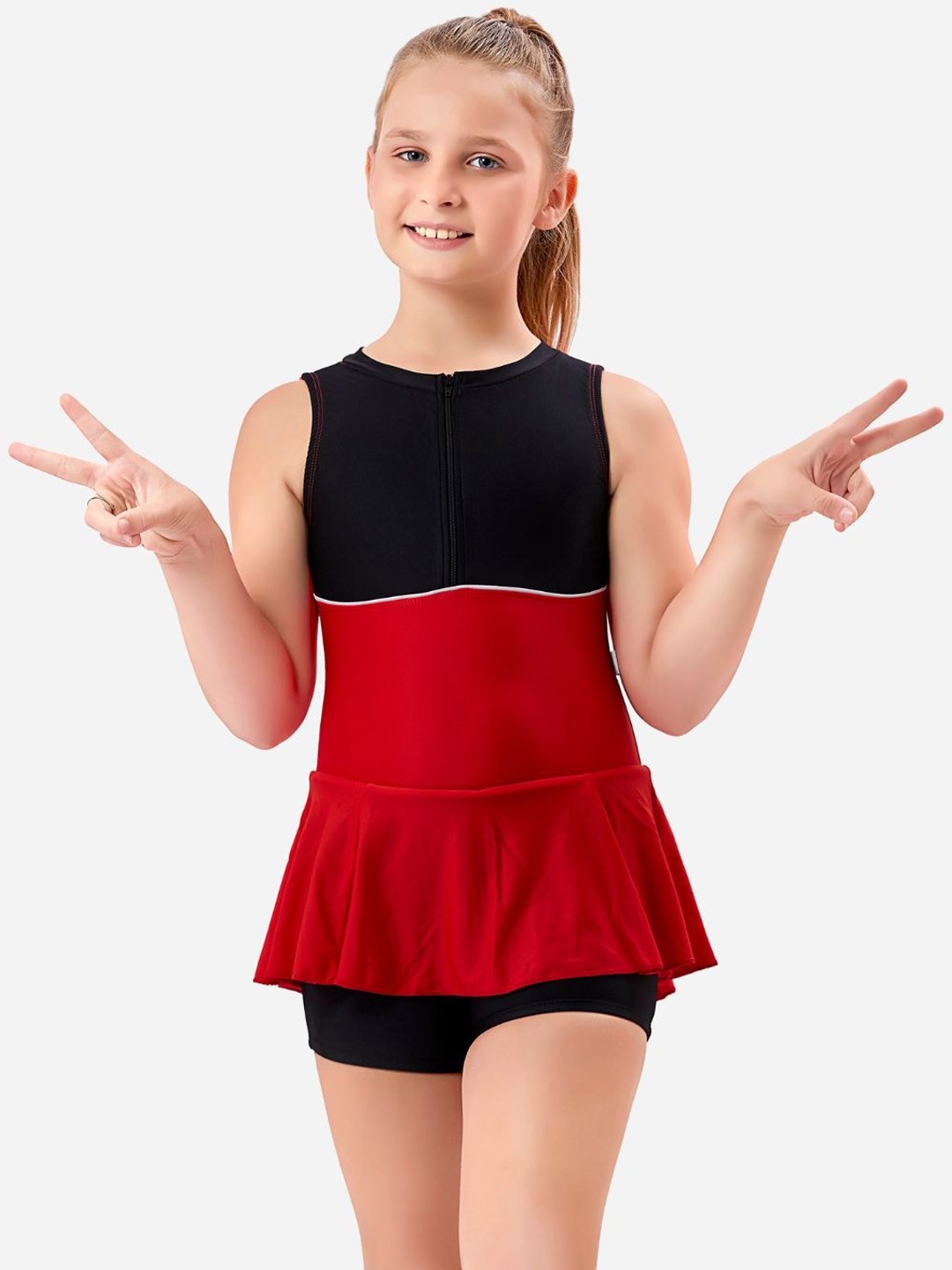 

VELOZ Girls Colourblocked Quick Drying Swim Dress, Red