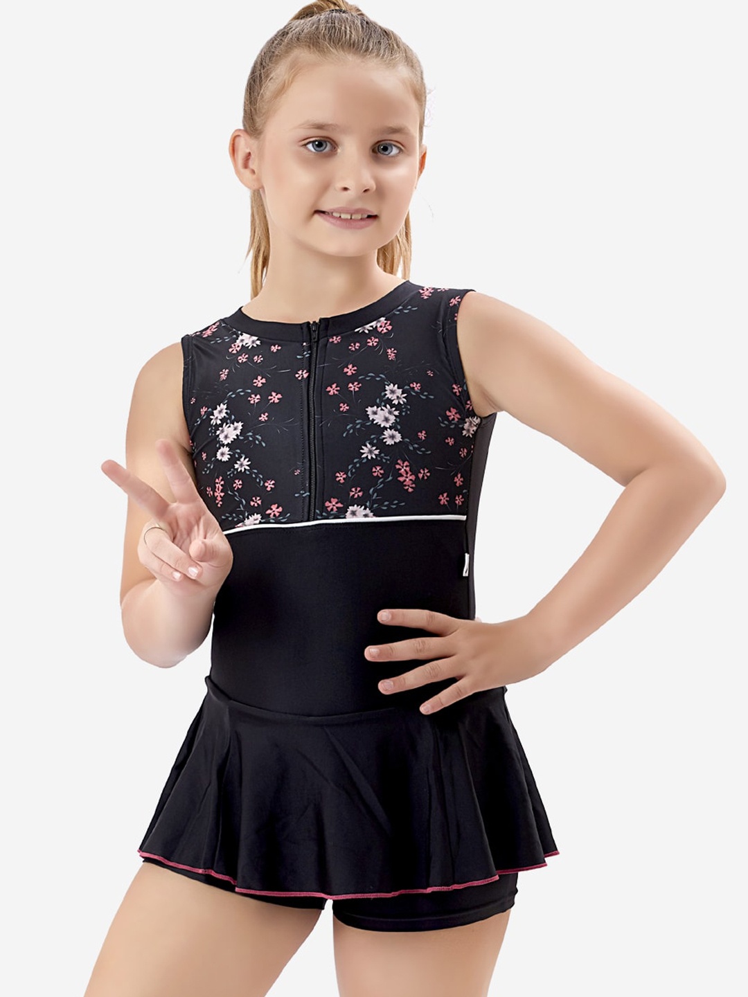 

VELOZ Girls Floral Printed Quick Drying Anti-Chafing Swim Dress, Black