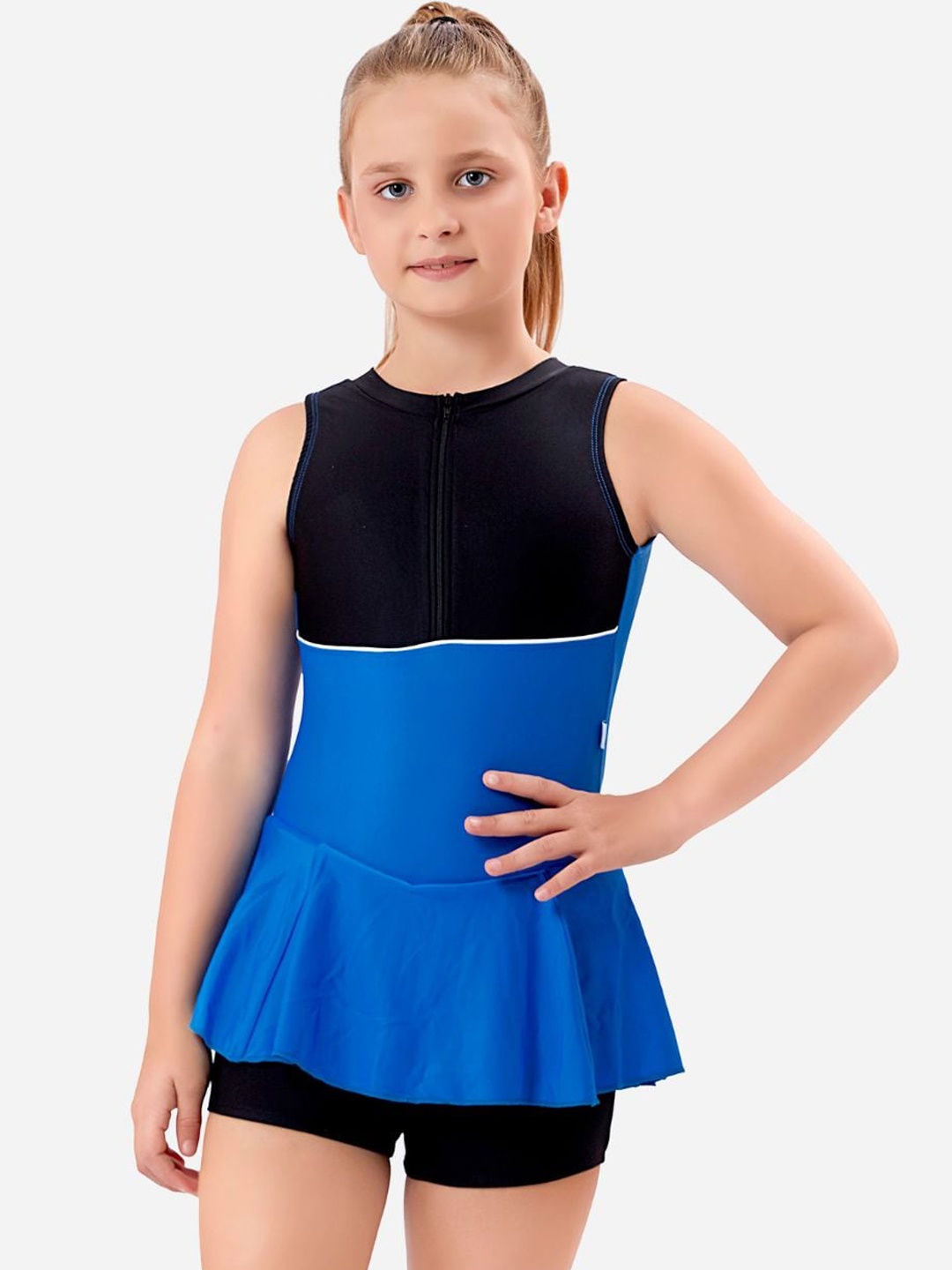 

VELOZ Girl Colourblocked Quick Drying Anti-Chafing Swim Dress, Blue