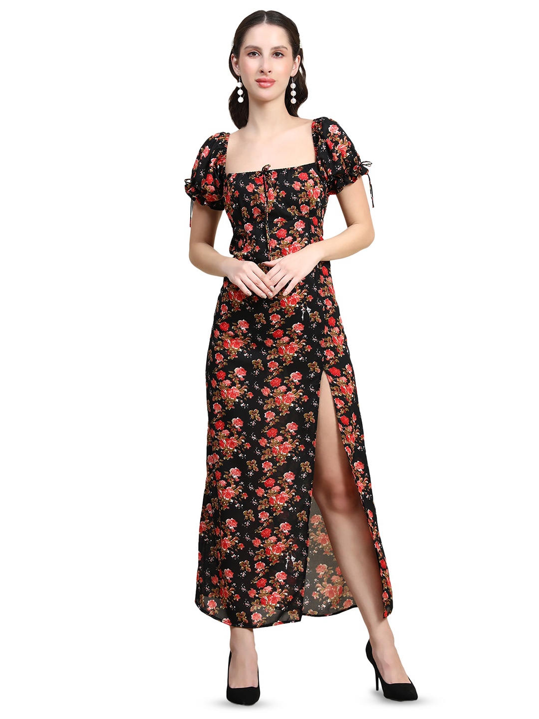 

Rujave Floral Print Applique Crepe Maxi A-Line Dress, Black