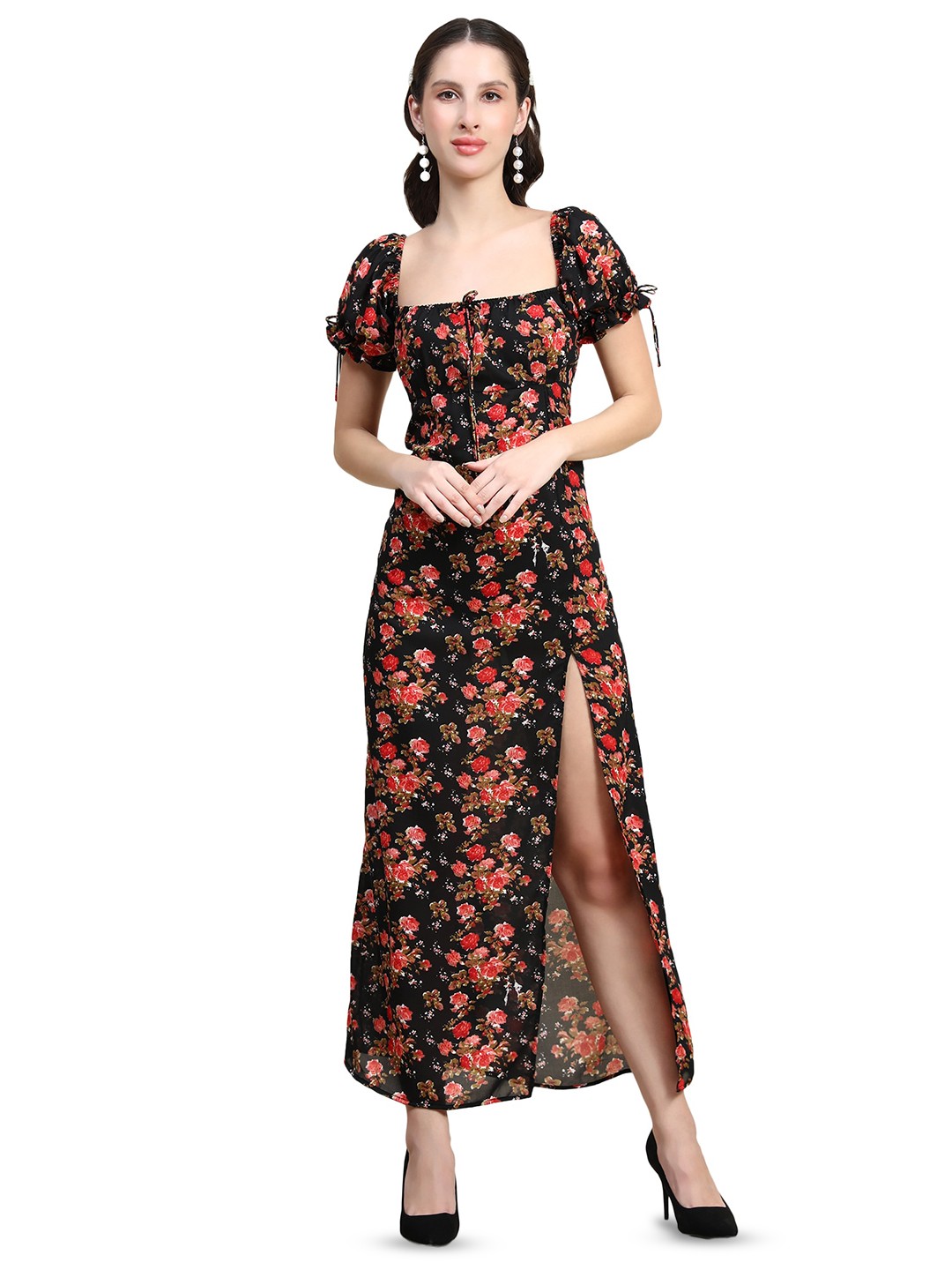 

Rujave Floral Printed Square Neck Maxi Dress, Black