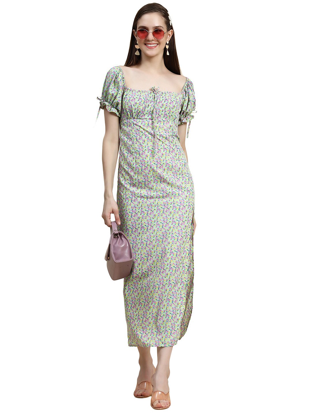 

Rujave Floral Print Puff Sleeves Maxi Dress, Green