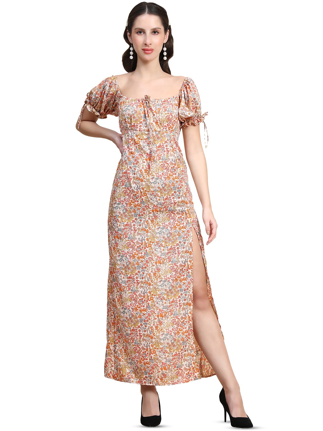 

Rujave Ethnic Motifs Printed Tie-Up Square Neck Maxi Dress, Beige