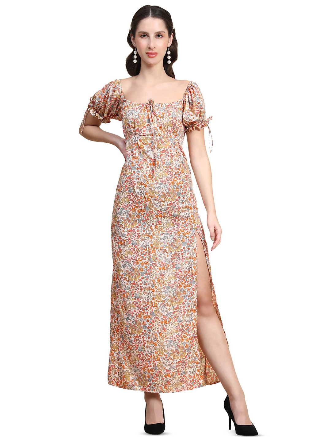 

Rujave Floral Print Puff Sleeves Maxi Dress, Multi