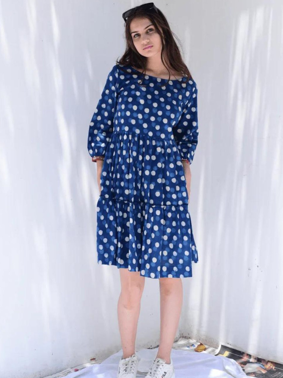 

Mera Rang Polka Dot Print Cotton Fit & Flare Dress, Blue