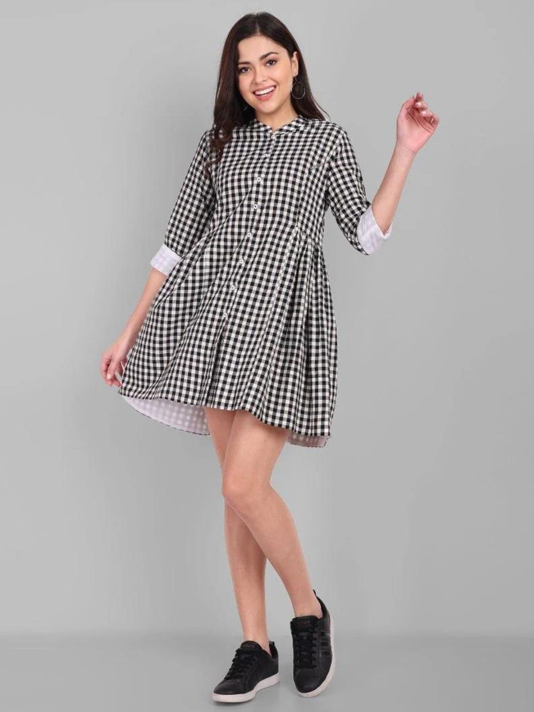 

Mera Rang Mandarin Collar Checked Fit & Flare Dress, Black