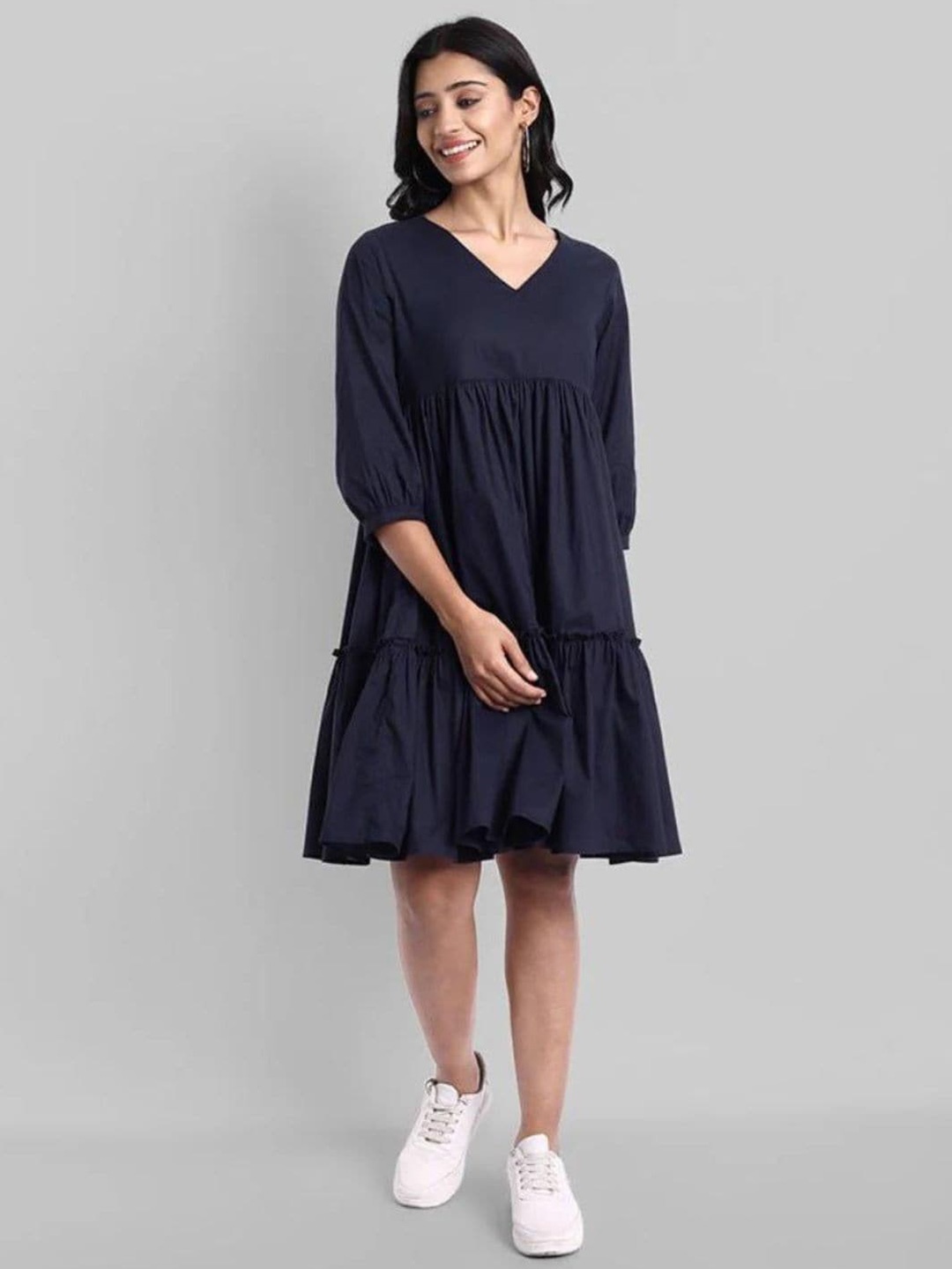 

Mera Rang V-Neck Puff Sleeve Fit & Flare Dress, Navy blue