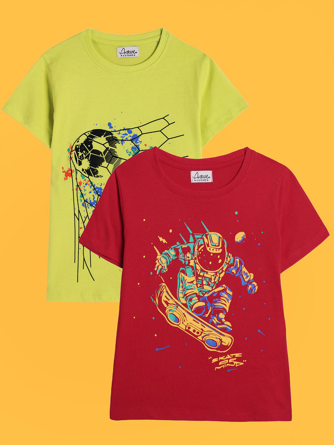 

Anthrilo Boys Pack of 2 Printed Short Sleeves Pure Cotton T-shirt, Lime green