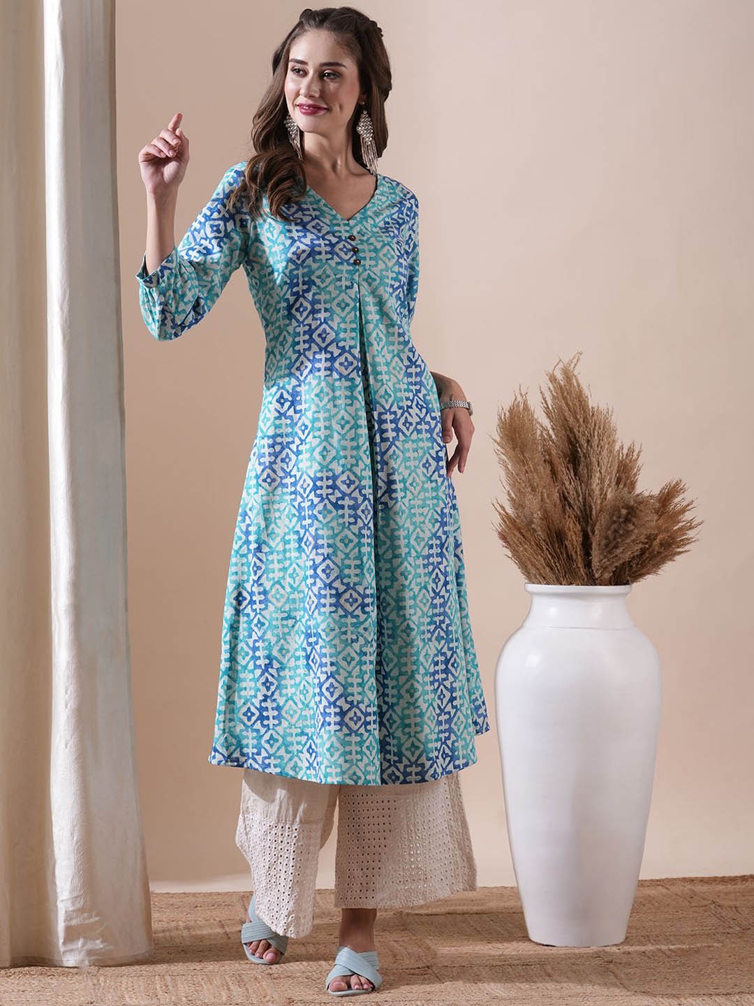 

FASHOR V neck Dyed Pleated A Line Kurta, Blue