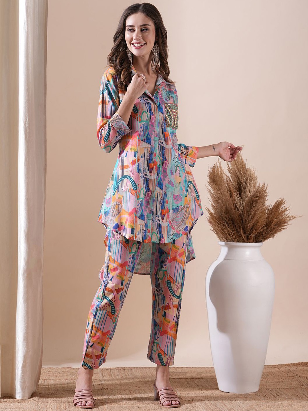 

FASHOR shirt collar printed Tunic & Trousers Co-Ord Set, Blue