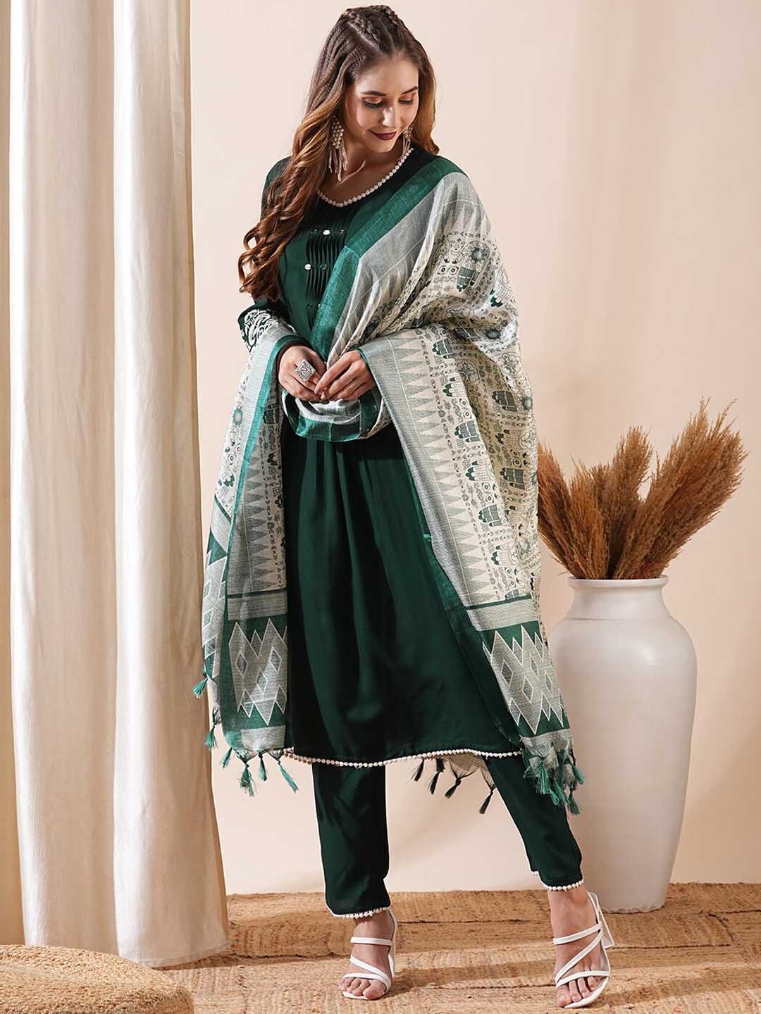 

FASHOR Ethnic Motifs Embroidered A-Line Kurta With Trousers & Dupatta, Green