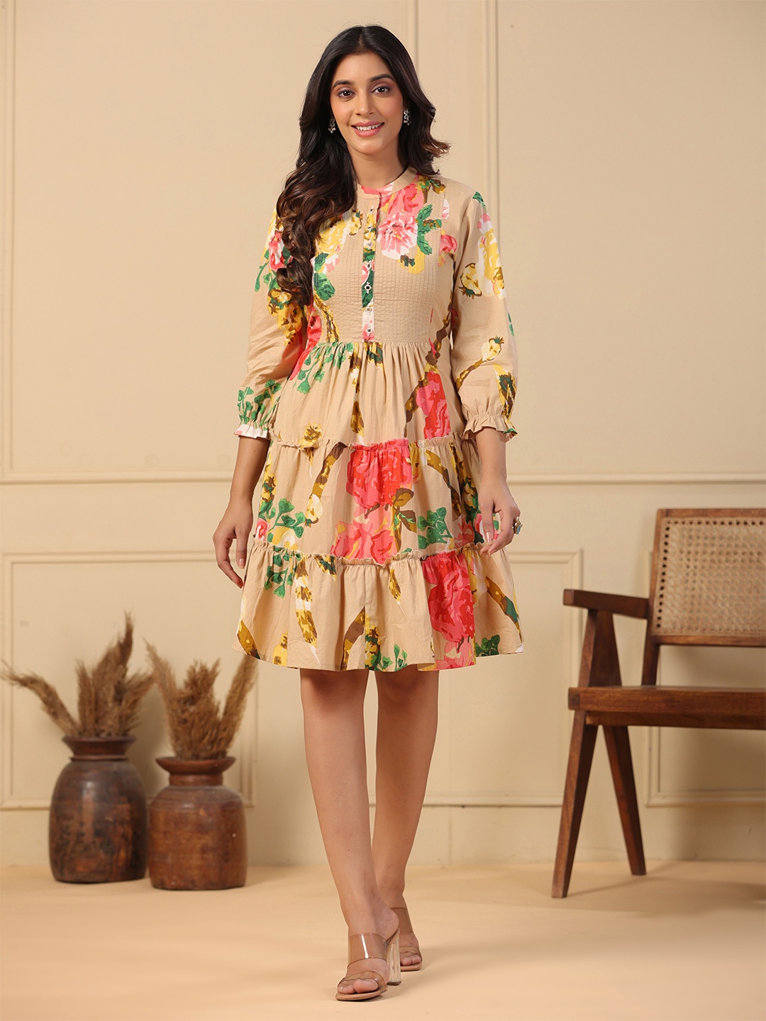 

FASHOR Floral Print Puff Sleeves A-Line Dress, Cream