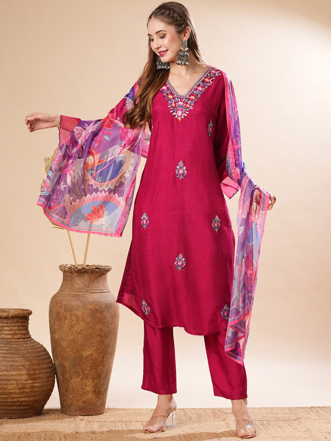 

FASHOR Floral Embroidered Mirror Work Straight Kurta With Trousers & Dupatta, Pink