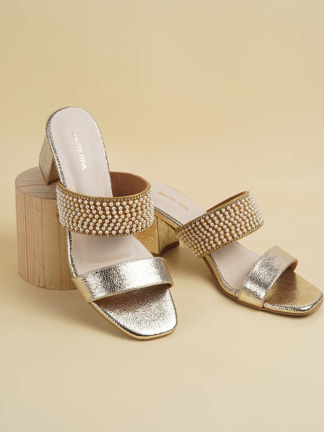 

Mochi Embellished Block Sandals, Gold