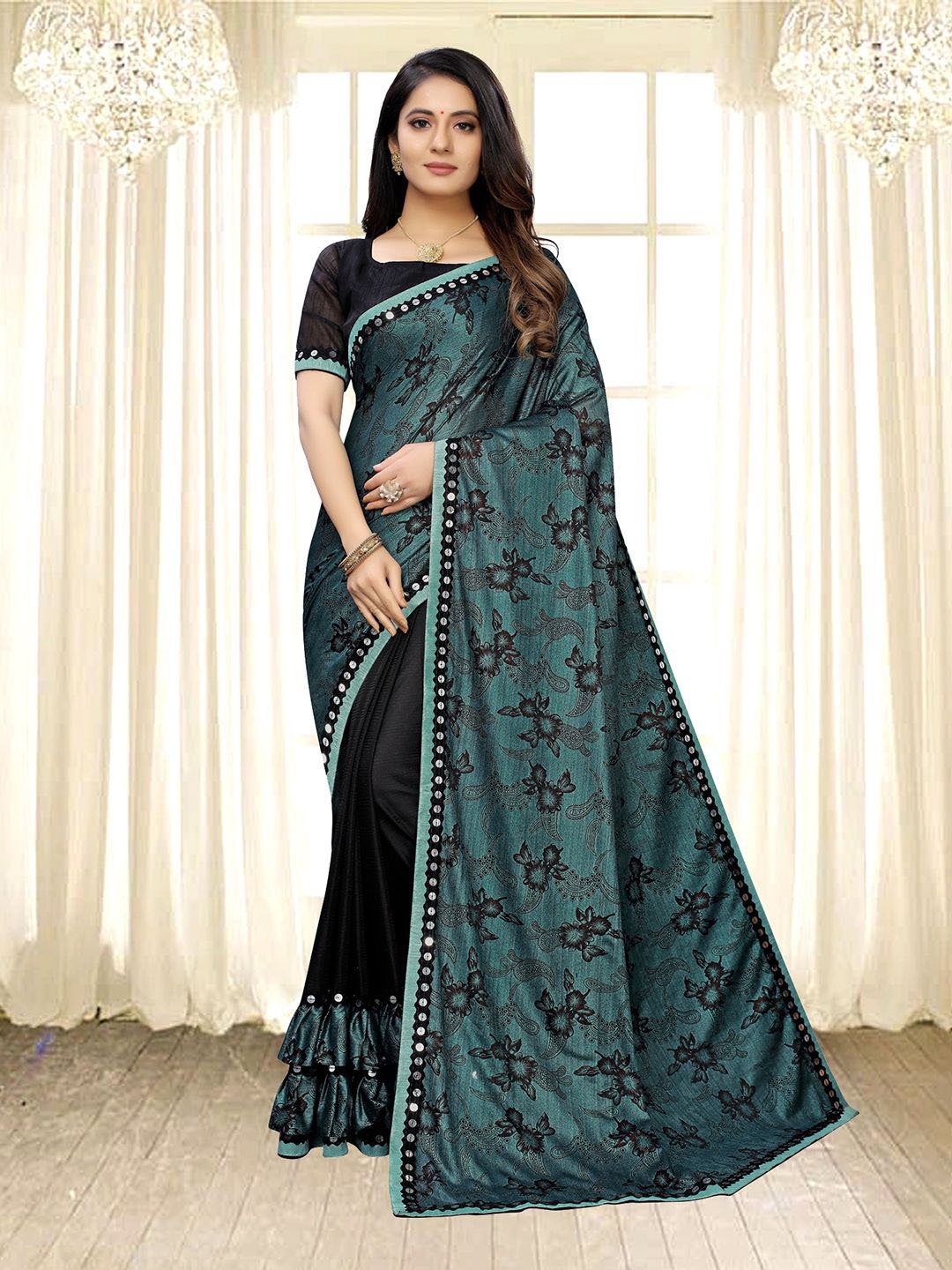 

Satrani Floral Sequinned Lycra Black Saree