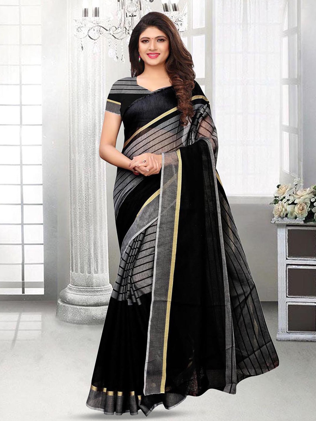 

Satrani Striped Zari Silk Cotton Saree With Blouse Piece, Black